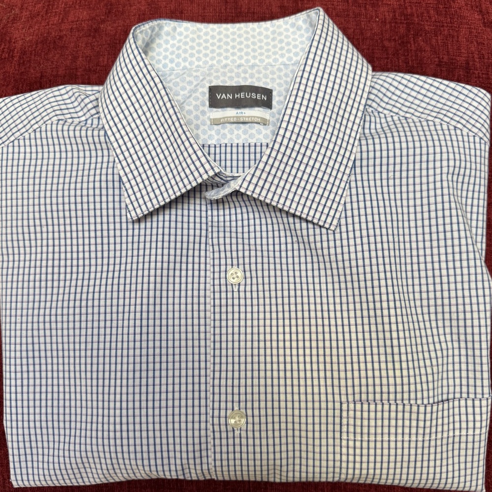 Van Heusen Men's Navy, pink, white  Shirt Lg 16.5 32-33 Stretch Long Sleeve